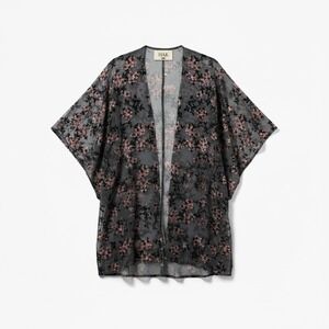 HAK Velvet Burnout Floral Kimono Cardigan Womens One Size Sheer Gray Pink